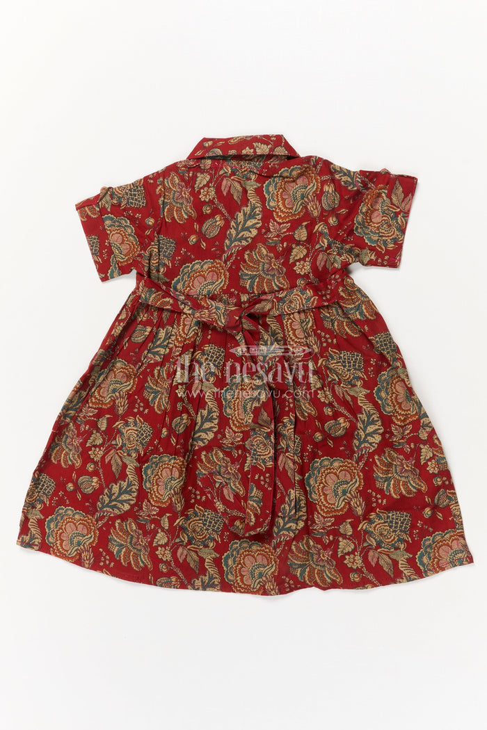 The Nesavu Girls Cotton Frock Baby Girl Cotton Frock for Traditional Occasions and Family Get-togethers Nesavu Nesavu maroon cotton frock for baby girls with floral print and collar – perfect for festive family moments