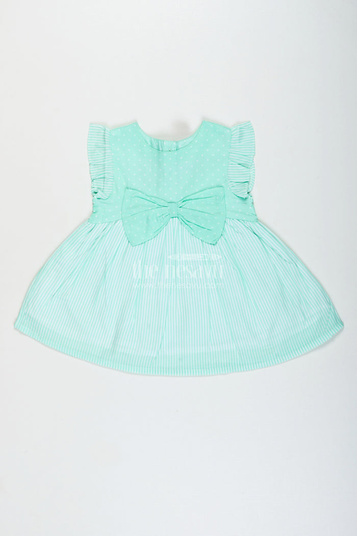 The Nesavu Girls Cotton Frock Baby Girl Cotton Frock with Bow Detail for Birthdays and Playdates Nesavu 10 (NB) / Green GFC1924A-10 Nesavu baby girl cotton frock bow stripe pattern  perfect playdates casual parties
