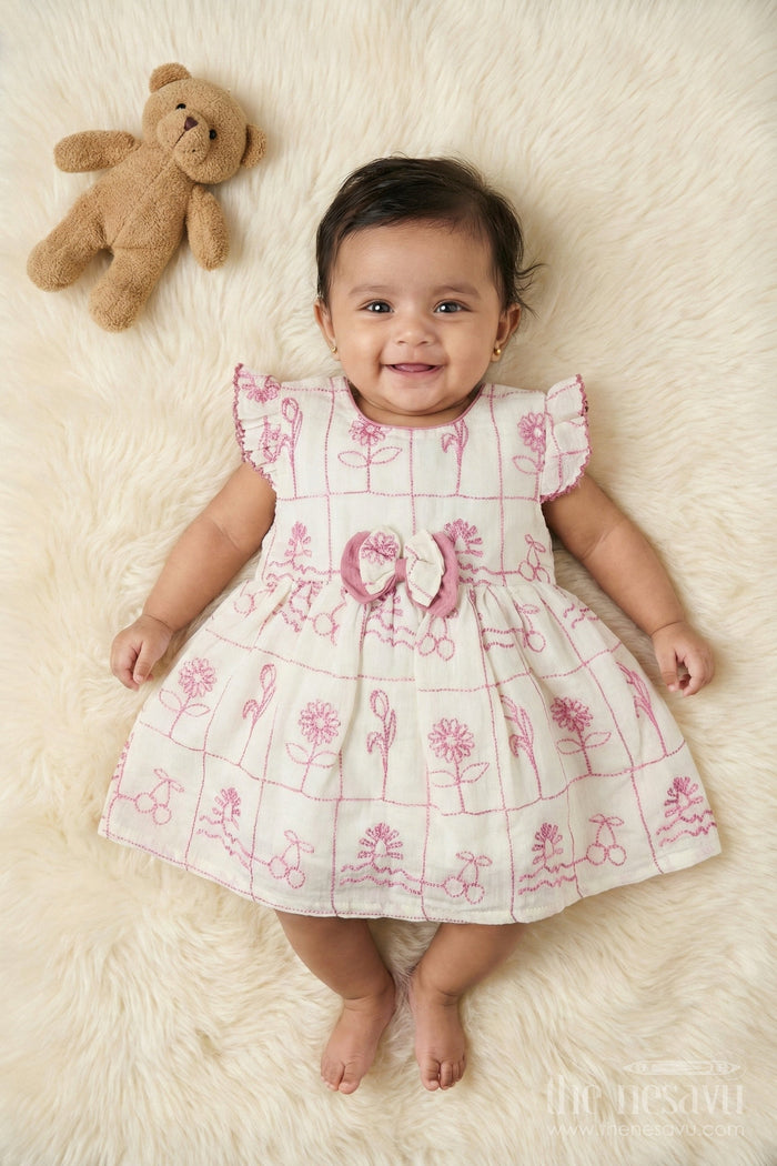 The Nesavu Baby Cotton Frocks Baby Girl Cotton Frock with Bow Detail for Casual and Festive Use Nesavu 14 (6M) / Cream / Cotton Blend BFJ911A-14 Nesavu baby girl cotton frock with bow and floral thread embroidery for festive or casual wear