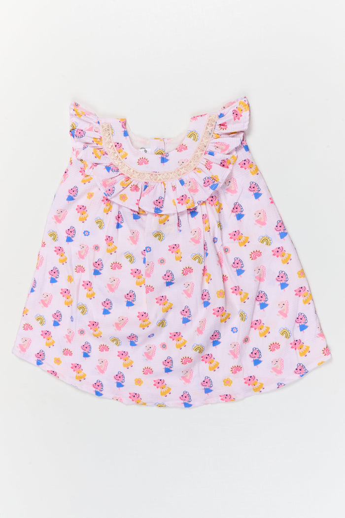 The Nesavu Girls Cotton Frock Baby Girl Cotton Frock with Cartoon Print for Daycare and Casual Wear Nesavu 18 (2Y) / Multicolor / Cotton Blend GFC2087A-18 Nesavu baby girl cotton frock with cartoon and rainbow print for daycare and playtime