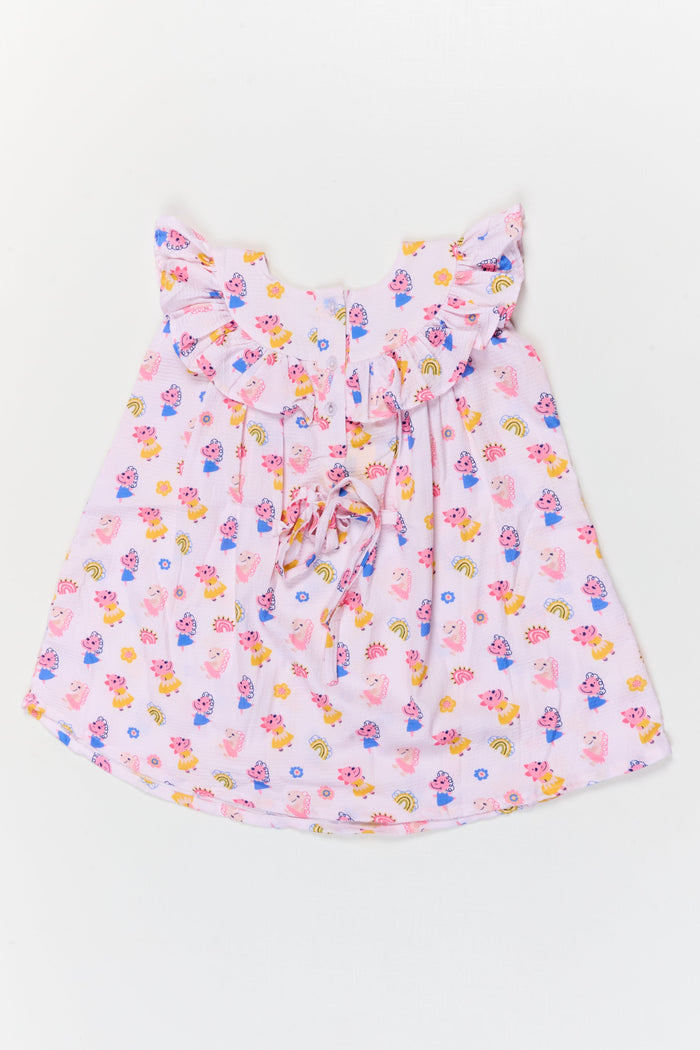The Nesavu Girls Cotton Frock Baby Girl Cotton Frock with Cartoon Print for Daycare and Casual Wear Nesavu Nesavu baby girl cotton frock with cartoon and rainbow print for daycare and playtime