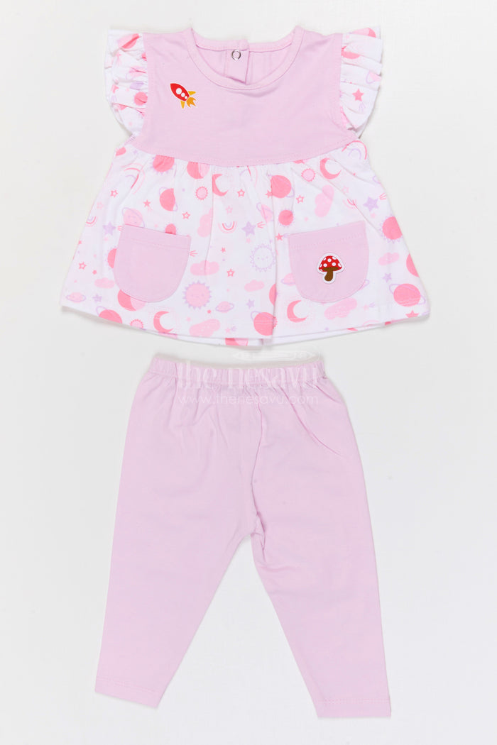 The Nesavu Baby Casual Sets Baby Girl Cotton Lounge Set for Everyday Wear Nesavu 10 (NB) / Beige / Cotton BFJ935A-10 Nesavu Baby Girl Cotton Jersey Lounge Set With Digital Print For Everyday Wear And Comfort