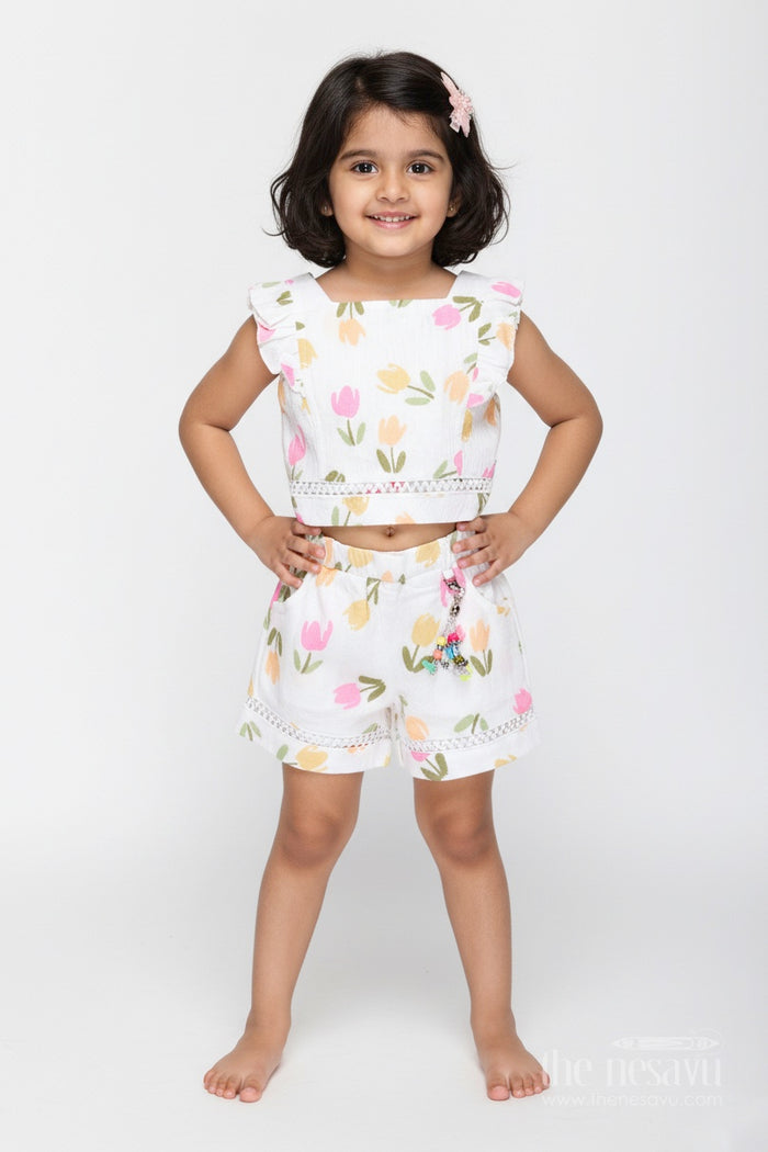 The Nesavu Baby Casual Sets Baby Girl Cotton Muslin Set with Floral Print for Summer Playdates Nesavu 16 (1Y) / White BFJ848A-16 Nesavu Baby Girl Cotton Muslin Set Floral Print Summer Casual Outfit Accessories