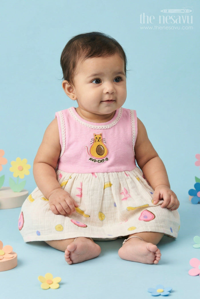 The Nesavu Baby Frocks Baby Girl Dress for Casual Outings and Everyday Play Nesavu 14 (6M) / Pink / Muslin Cotton BFJ990B-14 Nesavu Baby Girl Muslin Cotton Dress For Casual Outings And Everyday Play With Digital Print And Patch Detail