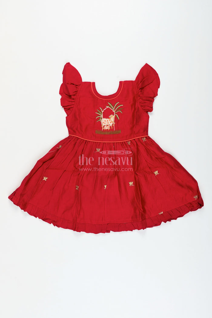 The Nesavu Girls Cotton Frock Baby Girl Embroidered Cotton Frock for Weddings and Festive Ceremonies Nesavu 16 (1Y) / Red GFC1979A-16 Nesavu baby girl embroidered cotton frock weddings traditional events cultural occasions