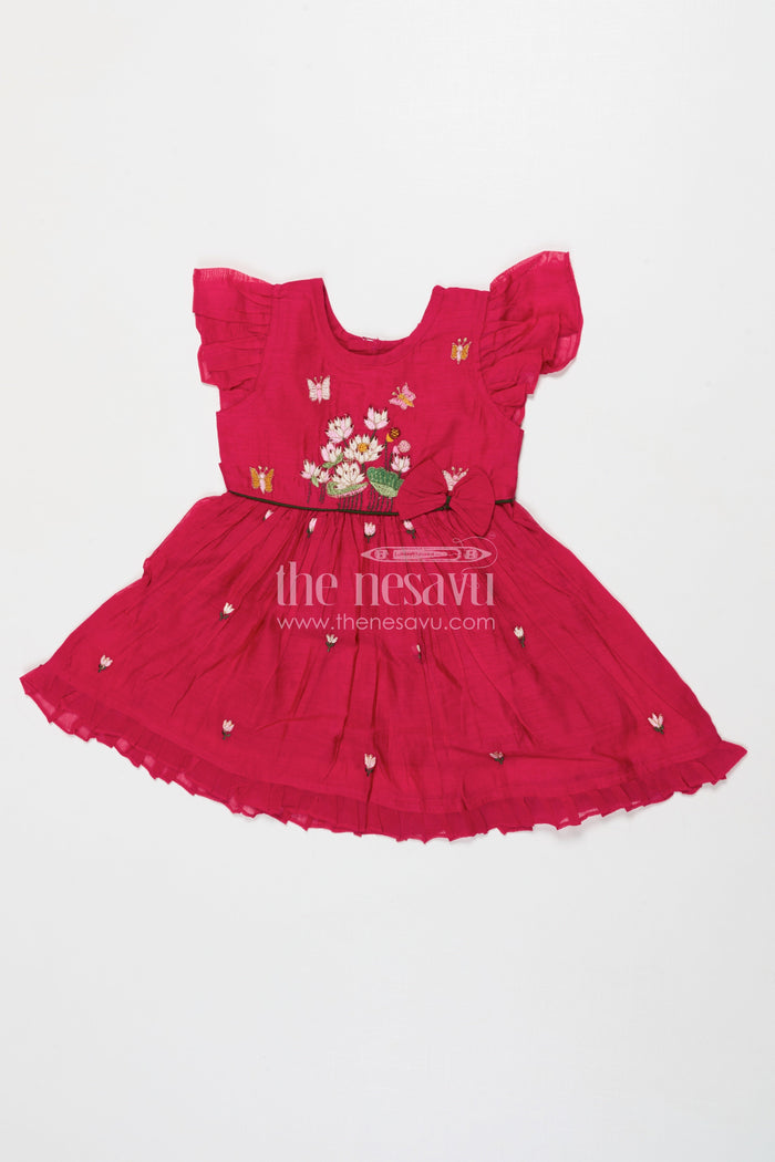 The Nesavu Girls Chanderi Frock Baby Girl Ethnic Frock for Weddings and Festive Moments Nesavu 16 (1Y) / Red GFC1940B-16 Nesavu baby girl ethnic frock with thread embroidery in Chanderi cotton for weddings and poojas