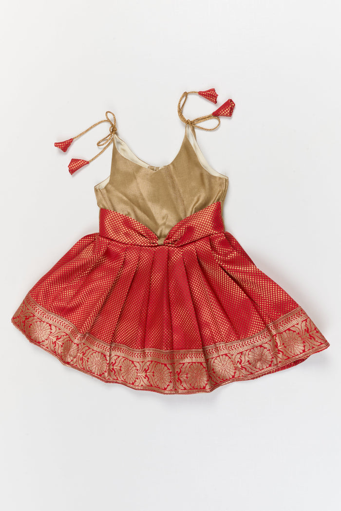 The Nesavu Tie-up Frock Baby Girl Ethnic Silk Frock with Contrast Yoke for Poojas and Family Occasions Nesavu 16 (1Y) / Gold / Banarasi T426A-16 Nesavu baby girl ethnic banaras silk frock with tissue yoke and tie-up shoulders for festive moments