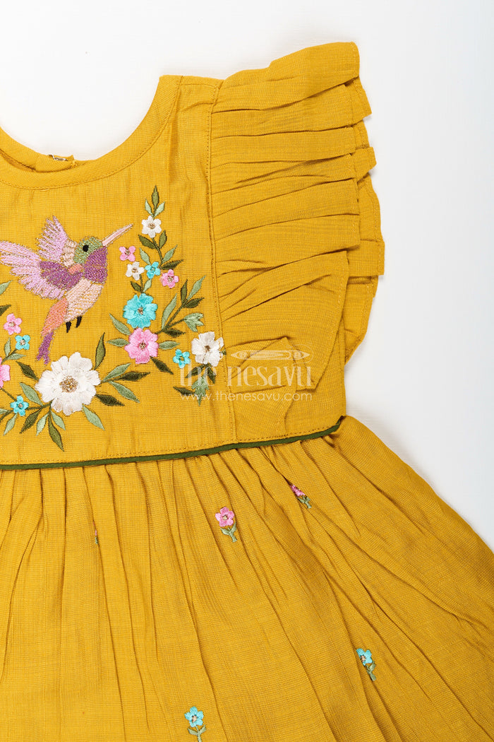 The Nesavu Girls Chanderi Frock Baby Girl Festive Frock with Bird Embroidery for Functions and Parties Nesavu Nesavu baby girl festive frock bird floral embroidery birthdays ethnic events