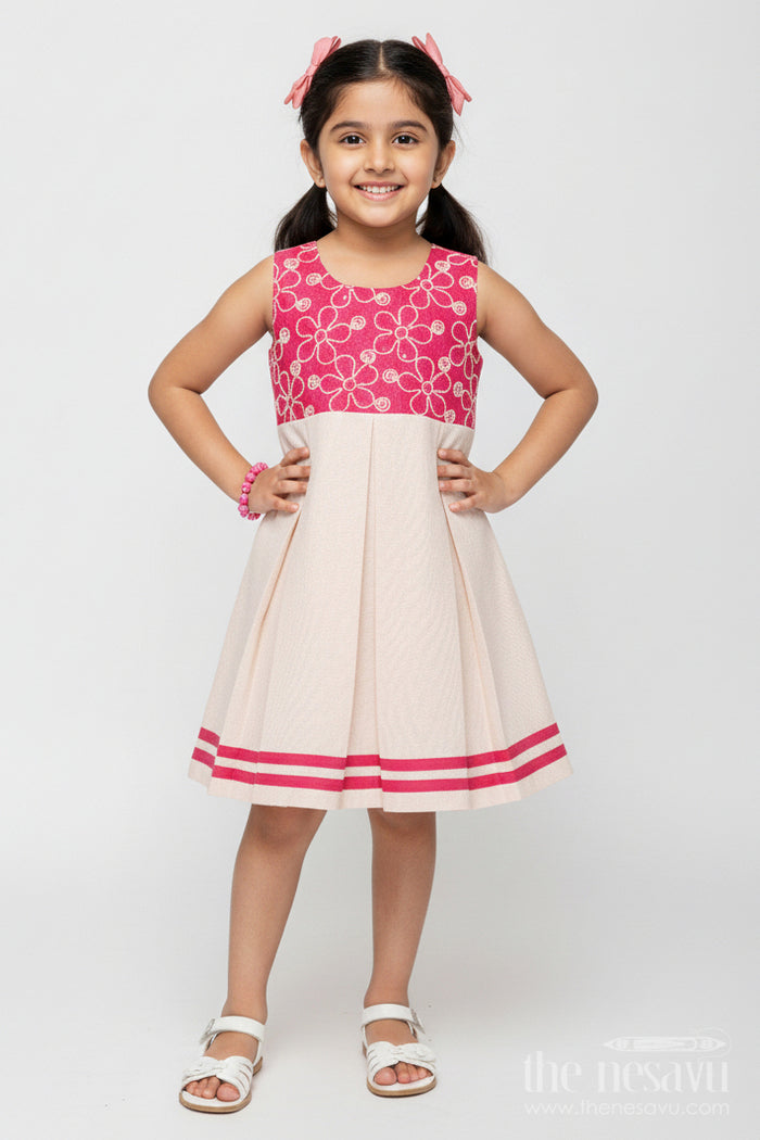 The Nesavu Girls Fancy Frock Baby Girl Flax Cotton Frock with Pink Yoke Embroidery for Parties Nesavu 20 (3Y) / Pink GFC1931B-20 Nesavu baby girl flax cotton frock pink embroidered yoke festive casual wear