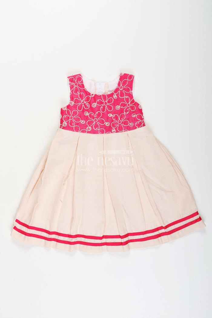 The Nesavu Girls Fancy Frock Baby Girl Flax Cotton Frock with Pink Yoke Embroidery for Parties Nesavu 20 (3Y) / Pink GFC1931B-20 Nesavu baby girl flax cotton frock pink embroidered yoke festive casual wear