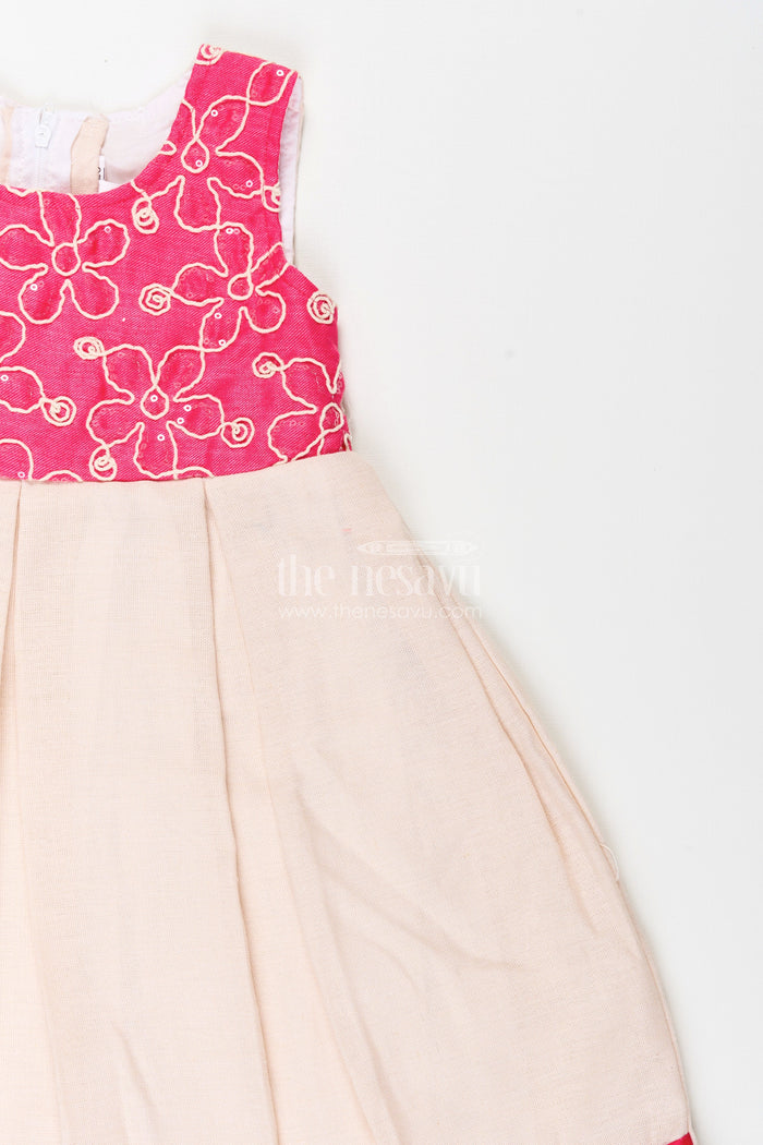 The Nesavu Girls Fancy Frock Baby Girl Flax Cotton Frock with Pink Yoke Embroidery for Parties Nesavu Nesavu baby girl flax cotton frock pink embroidered yoke festive casual wear