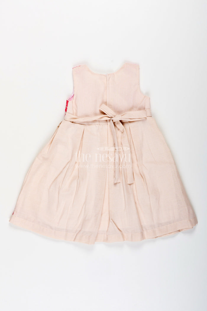 The Nesavu Girls Fancy Frock Baby Girl Flax Cotton Frock with Pink Yoke Embroidery for Parties Nesavu Nesavu baby girl flax cotton frock pink embroidered yoke festive casual wear