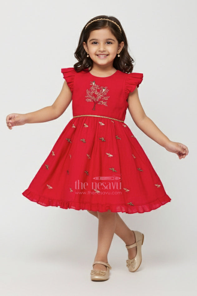 The Nesavu Girls Chanderi Frock Baby Girl Frock for Birthday Party and Ethnic Celebrations Nesavu 16 (1Y) / Red GFC1989A-16 Nesavu baby girl frock birthday parties festive gatherings ethnic day wear