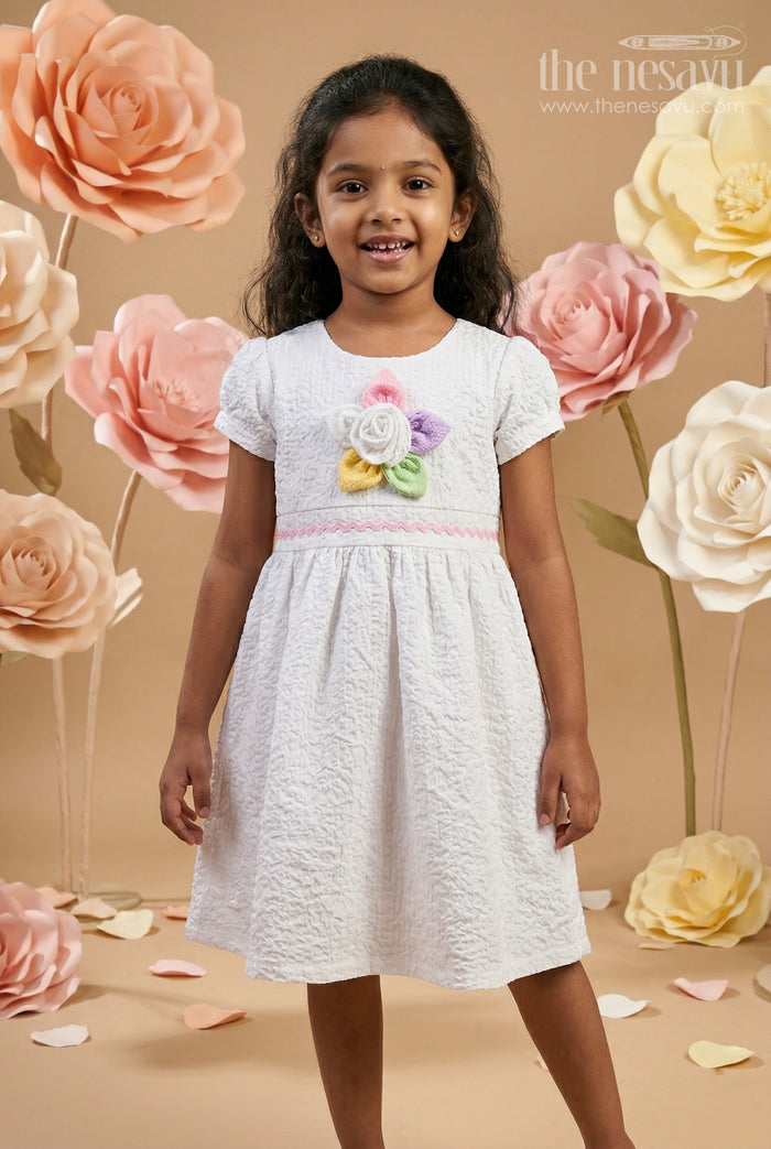 The Nesavu Baby Frocks Baby Girl Frock for Everyday Outings and Playful Comfort Nesavu 14 (6M) / White / Popcorn GFC1904E-14 Nesavu Baby Girl Frock For Everyday Outings And Playtime With Popcorn Fabric And Floral Embellishment