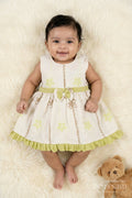 The Nesavu Baby Cotton Frocks Baby Girl Frock for Festive Mornings and Casual Events Nesavu 14 (6M) / Green / Cotton BFJ924B-14 Nesavu sleeveless baby girl frock with embroidered florals and ruffle trim – perfect for festive mornings