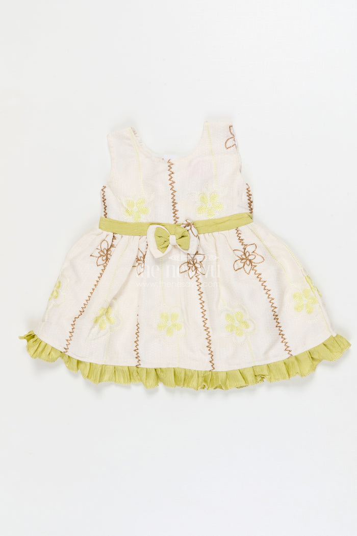 The Nesavu Baby Cotton Frocks Baby Girl Frock for Festive Mornings and Casual Events Nesavu 14 (6M) / Green / Cotton BFJ924B-14 Nesavu sleeveless baby girl frock with embroidered florals and ruffle trim – perfect for festive mornings