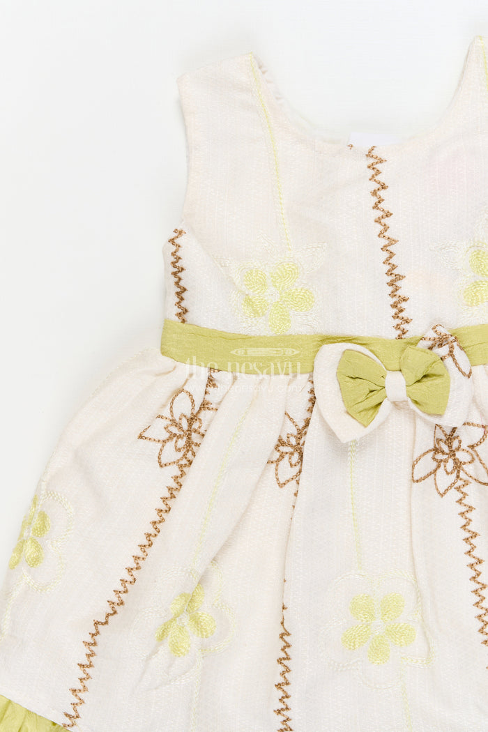 The Nesavu Baby Cotton Frocks Baby Girl Frock for Festive Mornings and Casual Events Nesavu 14 (6M) / Green / Cotton BFJ924B-14 Nesavu sleeveless baby girl frock with embroidered florals and ruffle trim – perfect for festive mornings