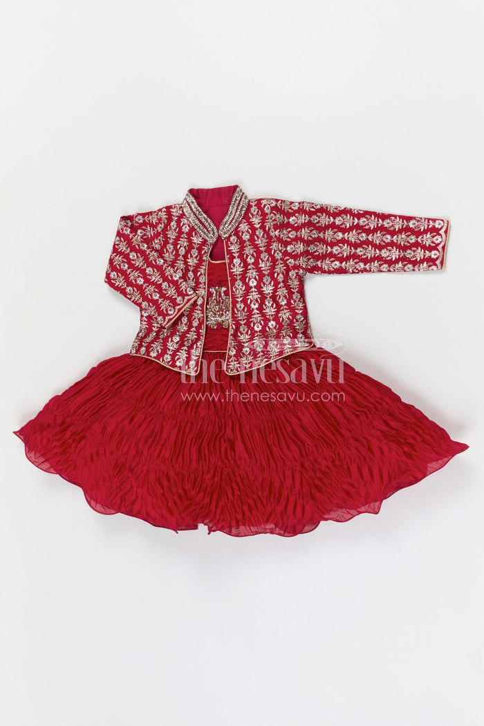 The Nesavu Silk Frock Baby Girl Frock with Designer Jacket for Birthday and Festive Photos Nesavu Nesavu baby girl birthday frock with embroidered designer jacket festive party dress for kids