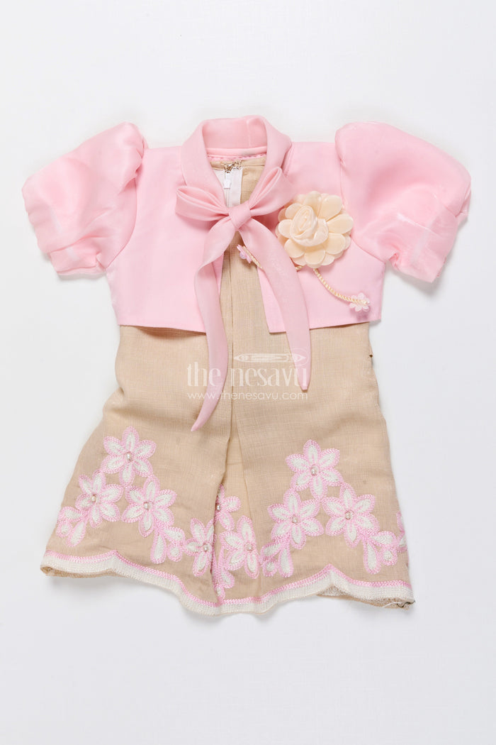 The Nesavu Girls Cotton Frock Baby Girl Frock with Embroidery for Birthday and Festive Photoshoots Nesavu 16 (1Y) / Pink GFC1864B-16 Nesavu baby girl frock floral embroidery bolero birthdays photoshoots