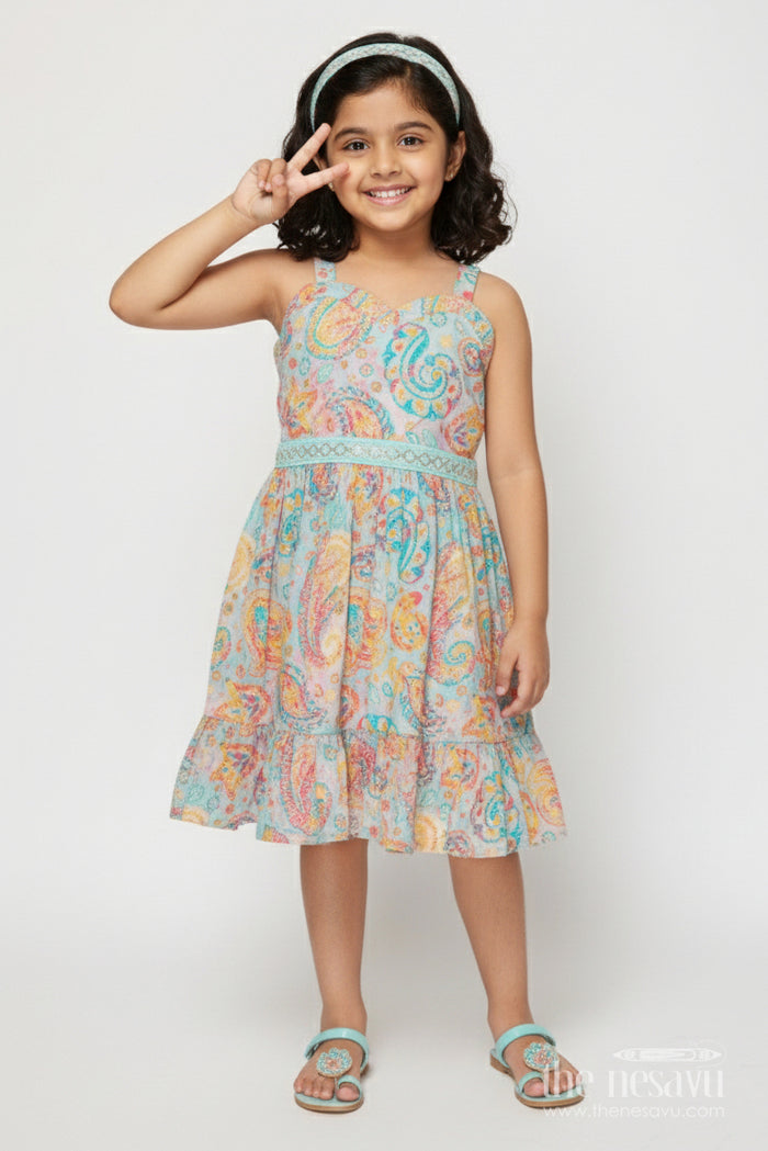 The Nesavu Girls Cotton Frock Baby Girl Frock with Traditional Paisley Print for Ethnic Functions Nesavu 18 (2Y) / Multicolor GFC2021A-18 Nesavu baby girl ethnic frock with paisley digital print and strappy shoulders