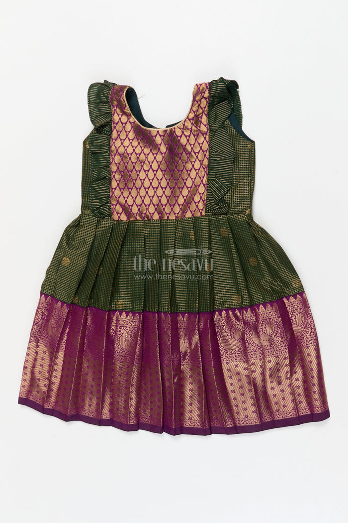The Nesavu Girls Kanchi Silk Frock Baby Girl Kanchi Silk Frock for Traditional Functions and Temple Visits Nesavu 22 (4Y) / Green / Style 2 KSF006AB-22 Nesavu baby girl Kanchi silk frock for weddings, festivals, and traditional celebrations