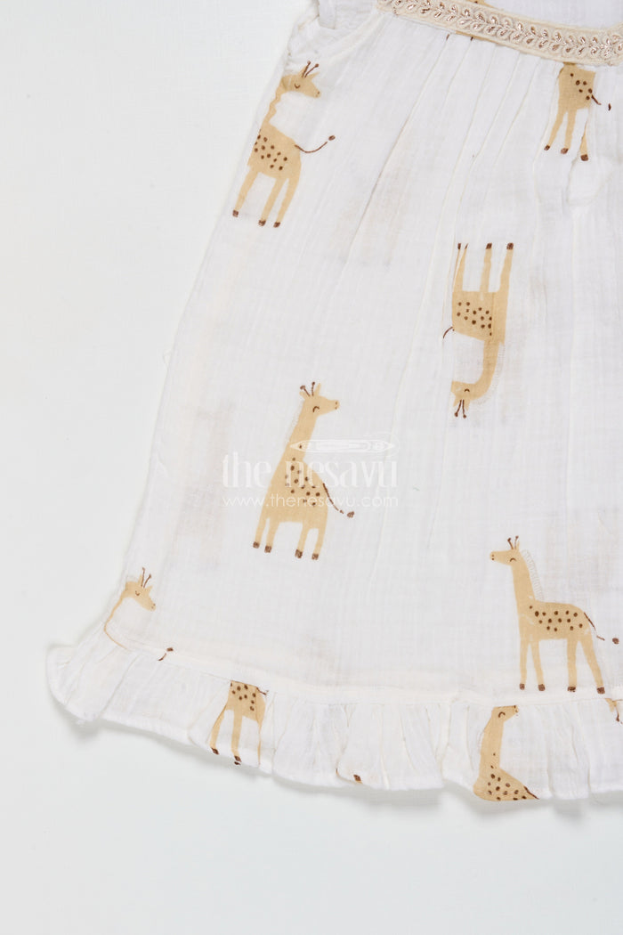 The Nesavu Girls Cotton Frock Baby Girl Muslin Cotton Frock with Giraffe Print for Casual Outings and Playdates Nesavu Nesavu baby girl muslin cotton frock with giraffe print for everyday wear and outings