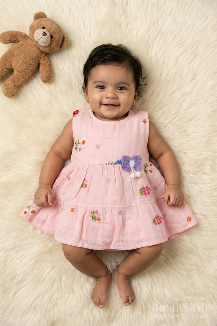 The Nesavu Baby Cotton Frocks Baby Girl Muslin Frock with Floral Embroidery for Everyday Comfort Nesavu 14 (6M) / Peach / Cotton Blend BFJ910C-14 Nesavu muslin cotton frock with butterfly motif and floral threadwork for baby girls