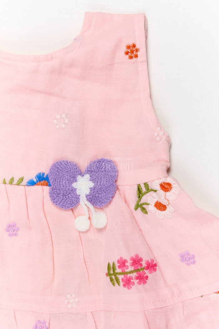The Nesavu Baby Cotton Frocks Baby Girl Muslin Frock with Floral Embroidery for Everyday Comfort Nesavu Nesavu muslin cotton frock with butterfly motif and floral threadwork for baby girls