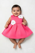 The Nesavu Girls Fancy Party Frock Baby Girl Party Frock with Floral Embellishments for Birthdays Nesavu 14 (6M) / Pink PF259A-14 Nesavu baby girl birthday party frock floral detailing soft scuba fabric
