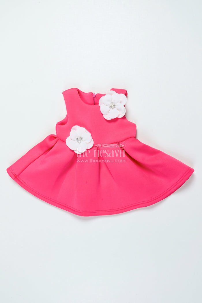The Nesavu Girls Fancy Party Frock Baby Girl Party Frock with Floral Embellishments for Birthdays Nesavu 14 (6M) / Pink PF259A-14 Nesavu baby girl birthday party frock floral detailing soft scuba fabric