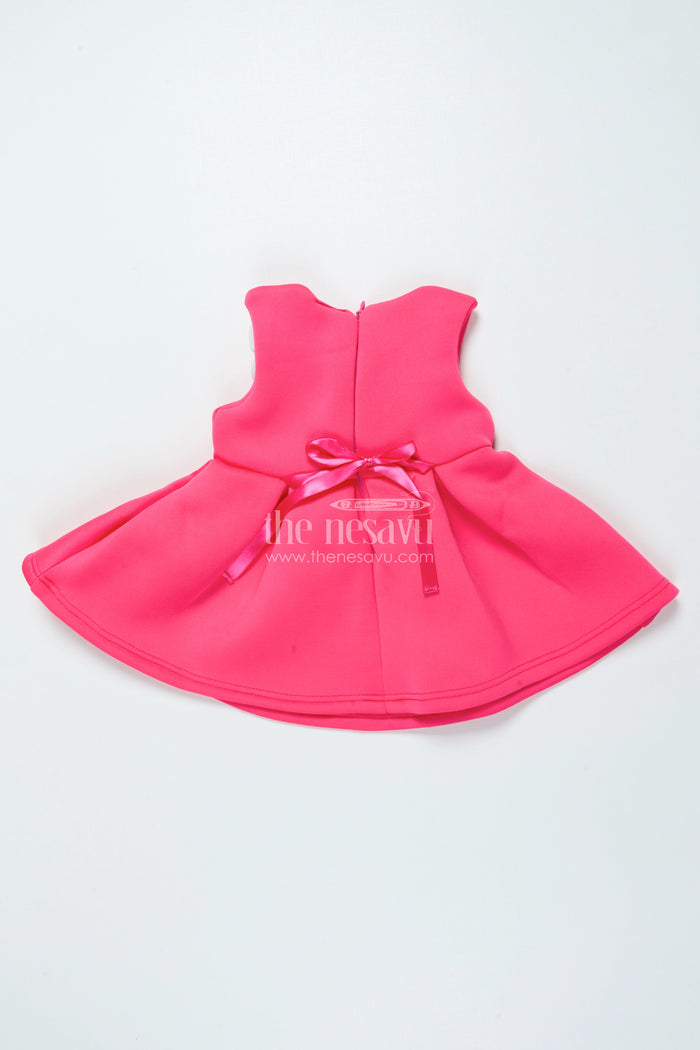 The Nesavu Girls Fancy Party Frock Baby Girl Party Frock with Floral Embellishments for Birthdays Nesavu Nesavu baby girl birthday party frock floral detailing soft scuba fabric