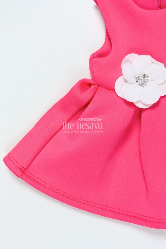 The Nesavu Girls Fancy Party Frock Baby Girl Party Frock with Floral Embellishments for Birthdays Nesavu Nesavu baby girl birthday party frock floral detailing soft scuba fabric