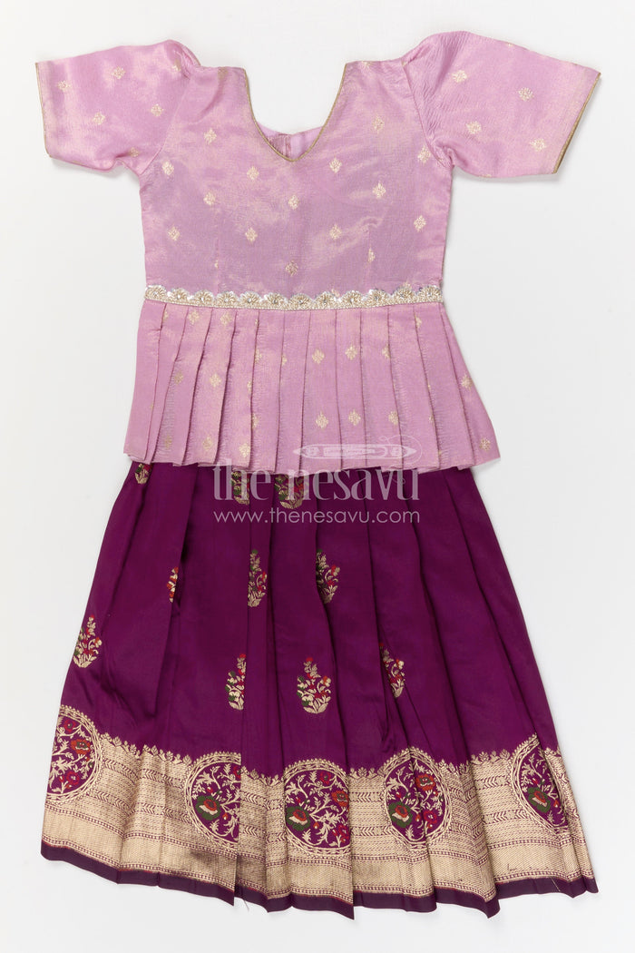 The Nesavu Pattu Pavadai Baby Girl Pattu Pavadai for Festivals and Temple Celebrations Nesavu 18 (2Y) / Purple / Banarasi GPP373A-18 Nesavu baby girl Banaras art silk pattu pavadai for festivals and temple visits with grand border