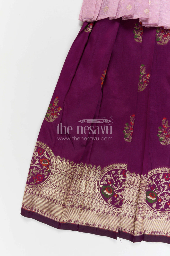 The Nesavu Pattu Pavadai Baby Girl Pattu Pavadai for Festivals and Temple Celebrations Nesavu Nesavu baby girl Banaras art silk pattu pavadai for festivals and temple visits with grand border