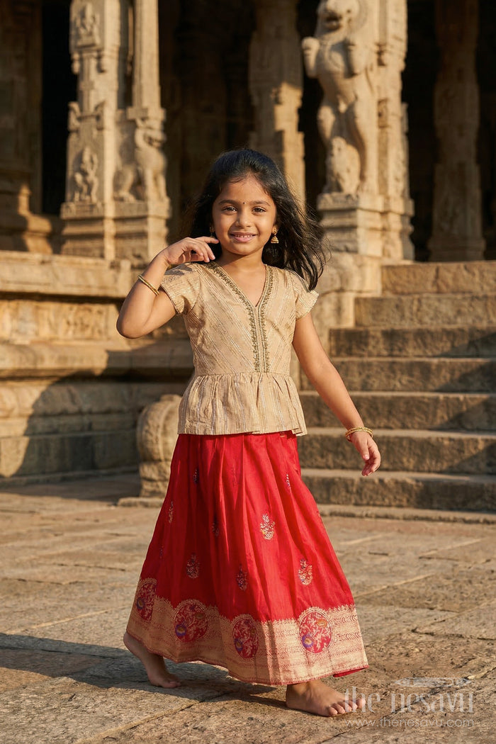 The Nesavu Pattu Pavadai Baby Girl Pattu Pavadai for Festivals and Temple Visits Nesavu 18 (2Y) / Red / Banarasi GPP372A-18 Nesavu baby girl Banaras art silk pattu pavadai for festivals and temple visits with grand zari border