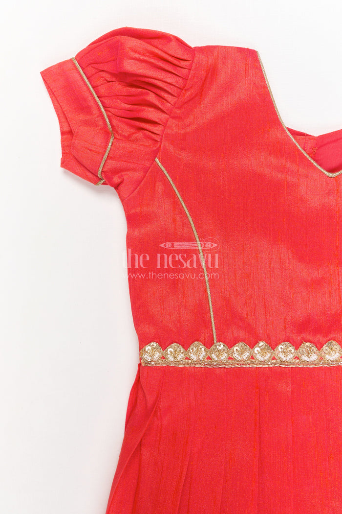 The Nesavu Pattu Pavadai Baby Girl Pattu Pavadai for Weddings and Festive Celebrations Nesavu Nesavu baby girl pattu pavadai with floral digital print skirt and pleated puff sleeve blouse