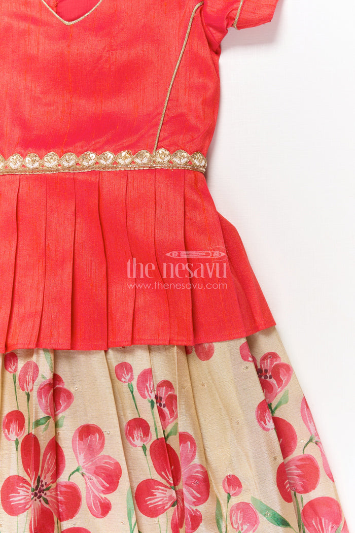 The Nesavu Pattu Pavadai Baby Girl Pattu Pavadai for Weddings and Festive Celebrations Nesavu Nesavu baby girl pattu pavadai with floral digital print skirt and pleated puff sleeve blouse