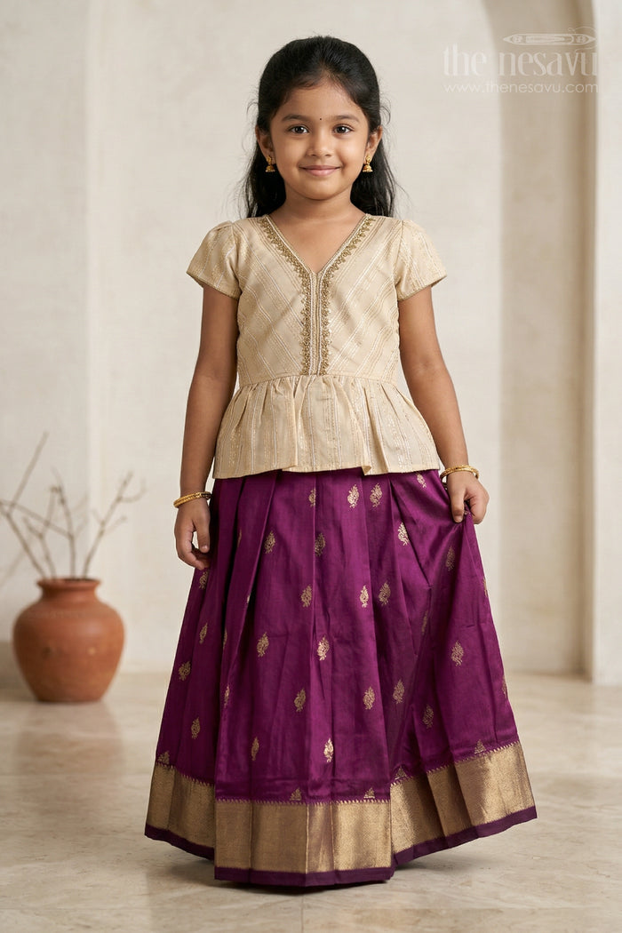 The Nesavu Pattu Pavadai Baby Girl Pattu Pavadai for Weddings and Festive Occasions Nesavu 18 (2Y) / Purple / Banarasi GPP371B-18 Nesavu baby girl Banaras art silk pattu pavadai for weddings and festive occasions with zari border