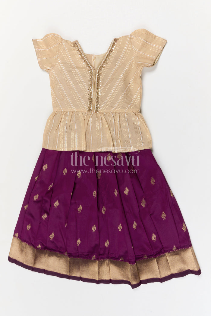The Nesavu Pattu Pavadai Baby Girl Pattu Pavadai for Weddings and Festive Occasions Nesavu 18 (2Y) / Purple / Banarasi GPP371B-18 Nesavu baby girl Banaras art silk pattu pavadai for weddings and festive occasions with zari border
