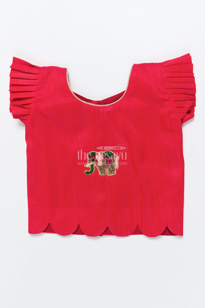 The Nesavu Pattu Pavadai Baby Girl Pattu Pavadai with Floral Skirt and Elephant-embroidered Blouse Nesavu Nesavu baby girl pattu pavadai with lotus print skirt and embroidered elephant blouse