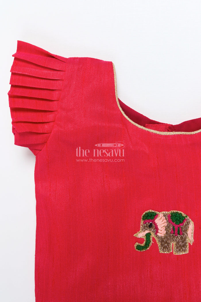 The Nesavu Pattu Pavadai Baby Girl Pattu Pavadai with Floral Skirt and Elephant-embroidered Blouse Nesavu Nesavu baby girl pattu pavadai with lotus print skirt and embroidered elephant blouse