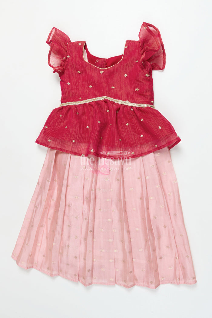 The Nesavu Pattu Pavadai Baby Girl Pink Semi Banaras Pattu Pavadai for Temple Visits and Family Events Nesavu 18 (2Y) / Pink GPP342B-18 Nesavu baby girl pattu pavadai with semi Banaras silk and tissue yoke for traditional wear