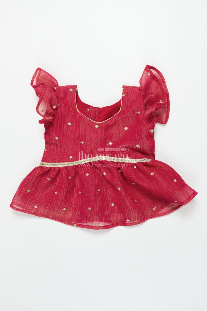 The Nesavu Pattu Pavadai Baby Girl Pink Semi Banaras Pattu Pavadai for Temple Visits and Family Events Nesavu 18 (2Y) / Pink GPP342B-18 Nesavu baby girl pattu pavadai with semi Banaras silk and tissue yoke for traditional wear