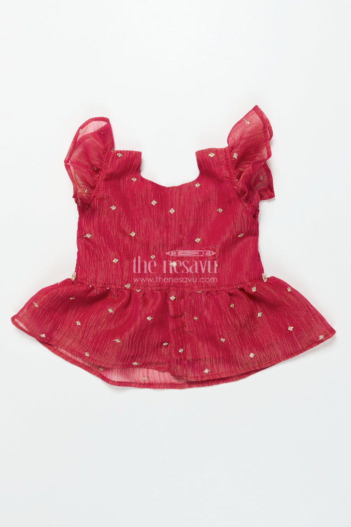 The Nesavu Pattu Pavadai Baby Girl Pink Semi Banaras Pattu Pavadai for Temple Visits and Family Events Nesavu 18 (2Y) / Pink GPP342B-18 Nesavu baby girl pattu pavadai with semi Banaras silk and tissue yoke for traditional wear