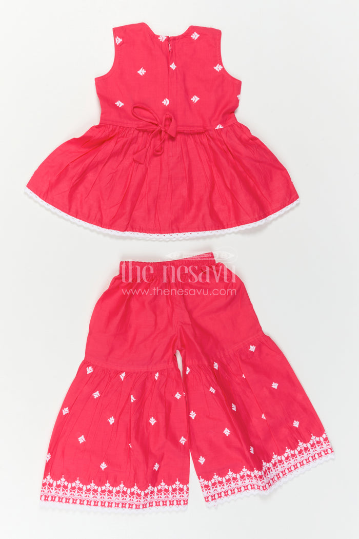 The Nesavu Girls Sharara / Plazo Set Baby Girl Sharara Set for Festive Occasions and Family Functions Nesavu Nesavu Baby Girl Sharara Set For Festive Occasions With Cotton Fabric And Thread Embroidery Design