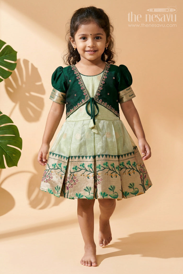 The Nesavu Silk Frock Baby Girl Silk Frock for Birthday and Festive Party Wear Nesavu 16 (1Y) / Green / Silk Blend SF1135C-16 Nesavu Baby Girl Silk Frock For Birthday And Festive Wear With Green Tissue Skirt And Flared Design