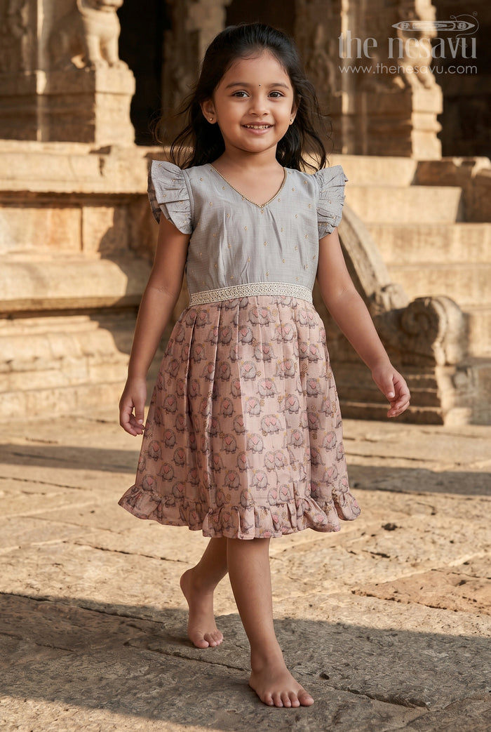 The Nesavu Silk Frock Baby Girl Silk Frock for Birthdays and Temple Visits Nesavu 18 (2Y) / Gray / Viscose Silk SF1107A-18 Nesavu baby girl silk frock with elephant motif and lace waist for birthdays and festive wear
