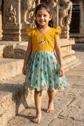 The Nesavu Silk Frock Baby Girl Silk Frock for Casual Festive Wear and Outings Nesavu 18 (2Y) / Yellow / Chanderi SF1143A-18 Nesavu baby girl silk frock for casual festive wear with chanderi cotton digital print and comfortable flared style