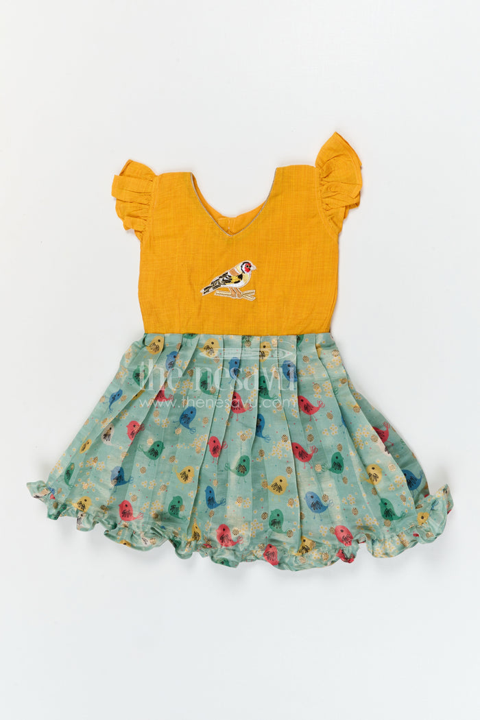The Nesavu Silk Frock Baby Girl Silk Frock for Casual Festive Wear and Outings Nesavu 18 (2Y) / Yellow / Chanderi SF1143A-18 Nesavu baby girl silk frock for casual festive wear with chanderi cotton digital print and comfortable flared style