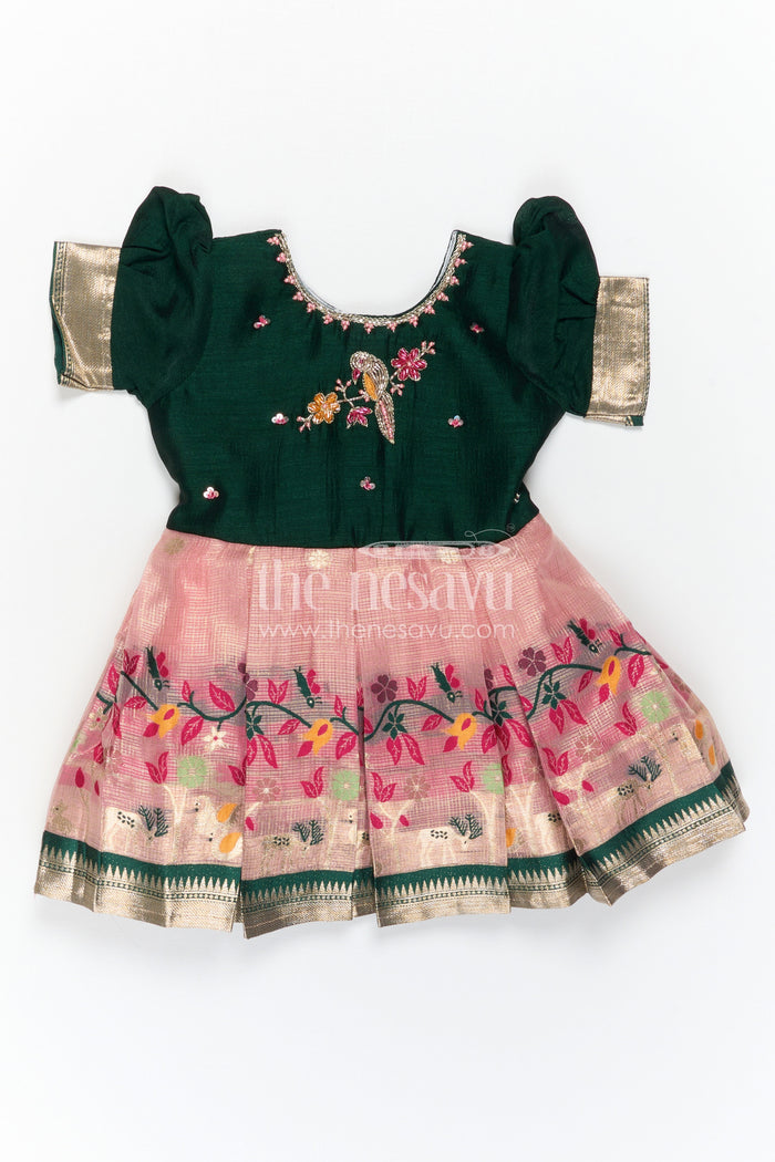The Nesavu Silk Frock Baby Girl Silk Frock for Festive Occasions and Birthdays Nesavu Nesavu Baby Girl Silk Frock For Festive Occasions Green Blend Silk With Tissue Skirt Traditional Wear